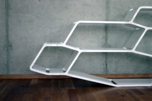 P13 Shelf system with differently sized cells assembled to geometric floating shape