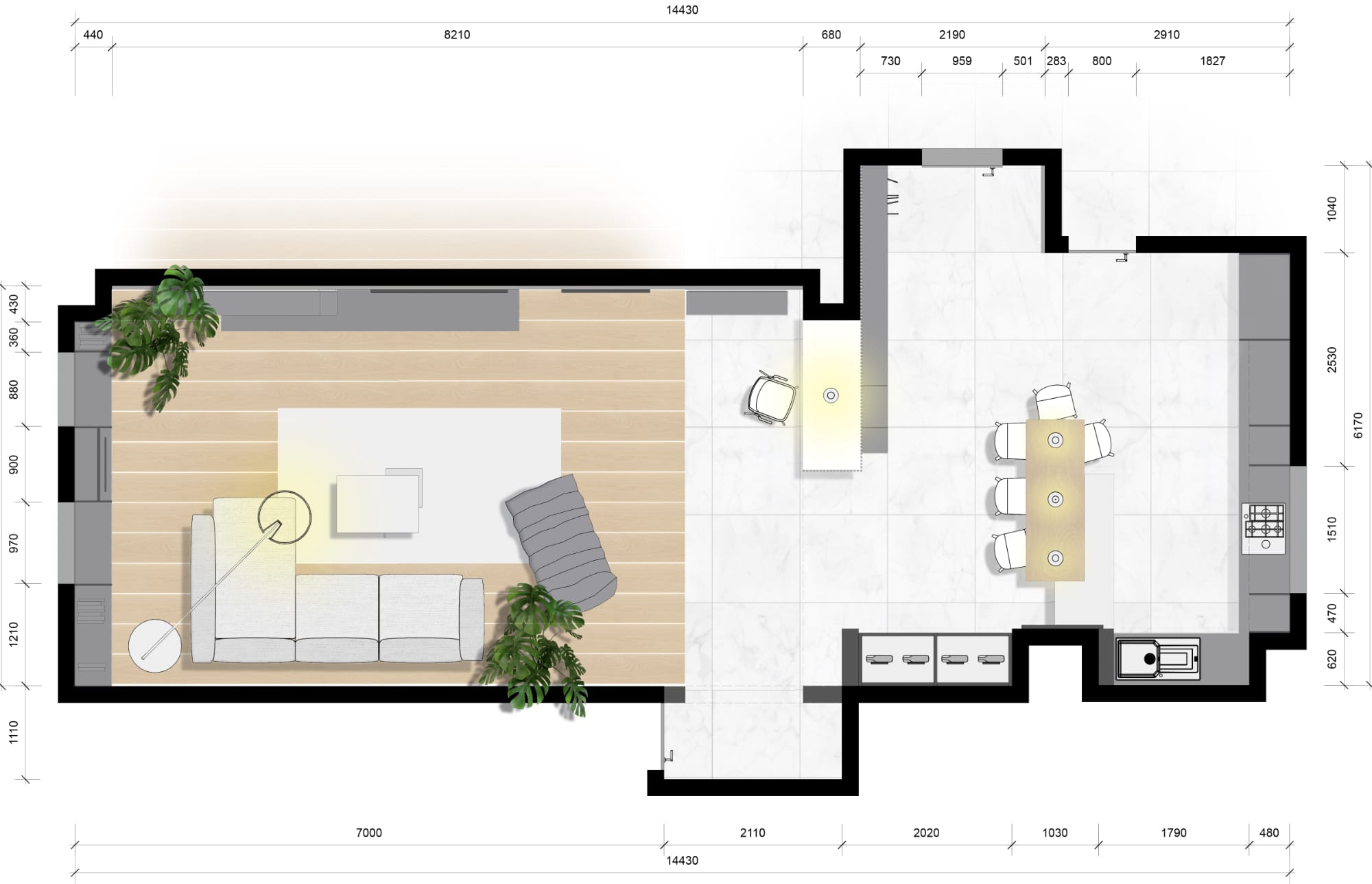 Technical drawing of furnished Apartment R1 with dimensions