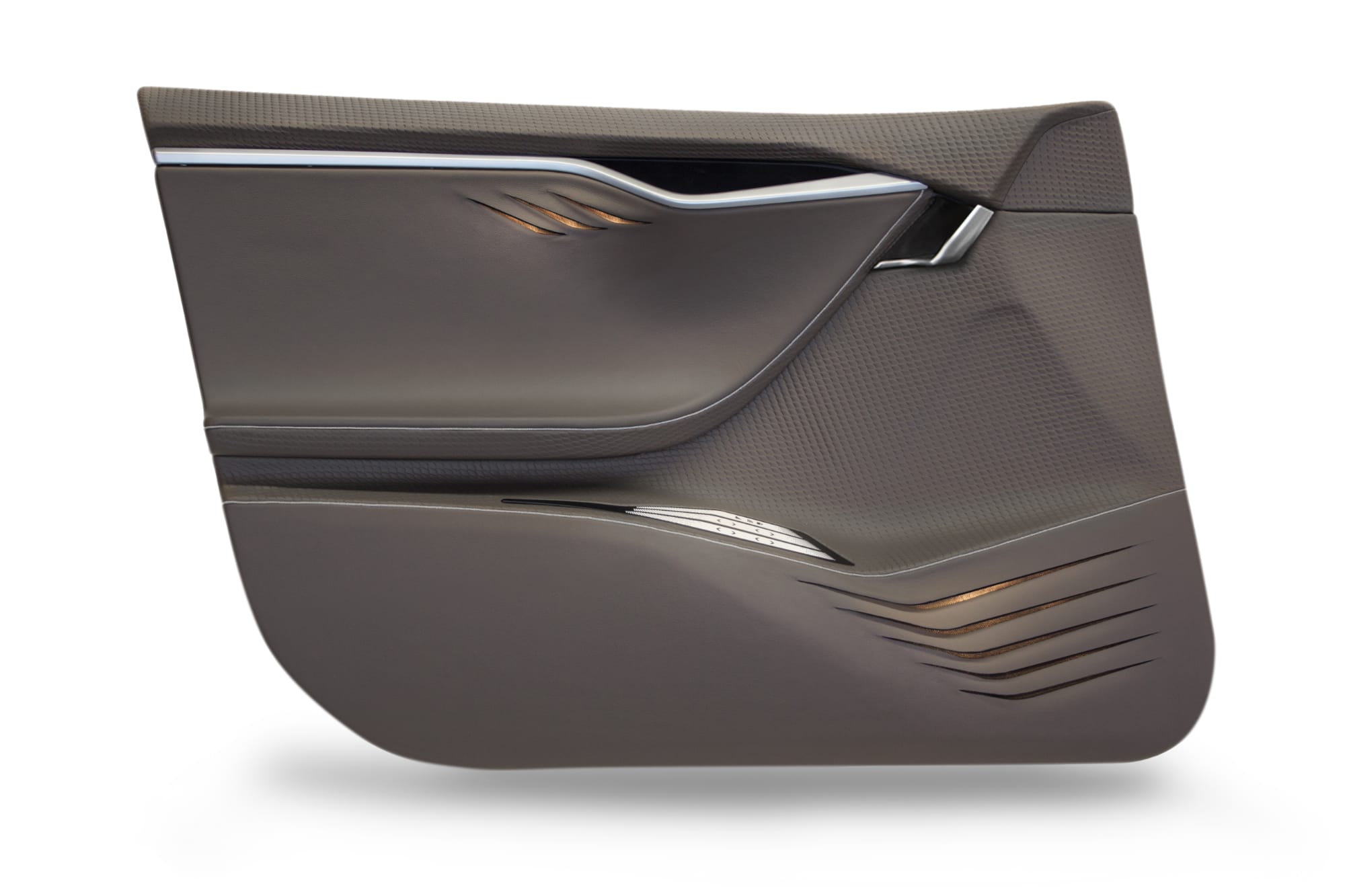 Car door interior trim of dynamic shapes with armrest, door handle and adjustment panel covered in dark leather with integrated indirect lighting through grooves