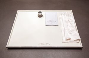Watchtray tablet for A. Lange und Söhne in rectangular shape in light beige with gloves, cleaning cloth and watchmaker loupe