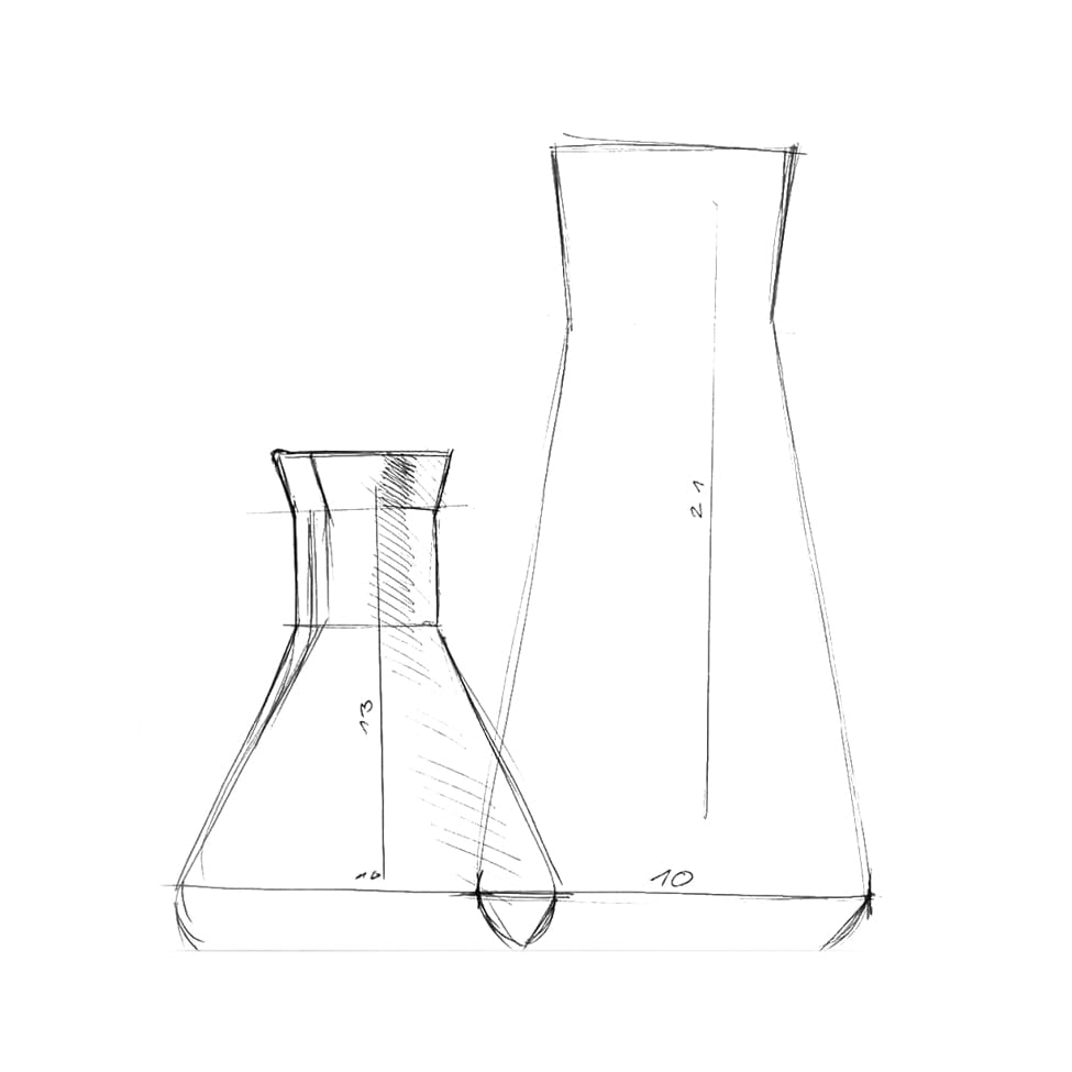 Sketch of Y-01 vases in two sizes, featuring a simple, tapered shape with a collar at the top and dimensions indicated