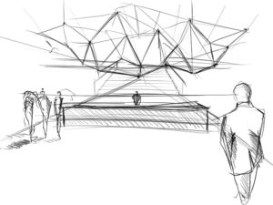 Sketch of Eissmann Headquater reception area in modern futuristic form with glass facade, large staircase, organically structured ceiling and mesh-like lighting