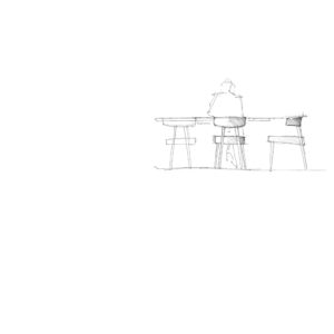 Sketch of Marlon Dining Chair chairs with wide upholstered back and seat in modern dynamic shape at the table with a seated person