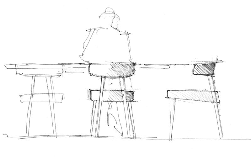 Sketch of Marlon Dining Chairs with wide back and seat in modern dynamic shape with table and person 