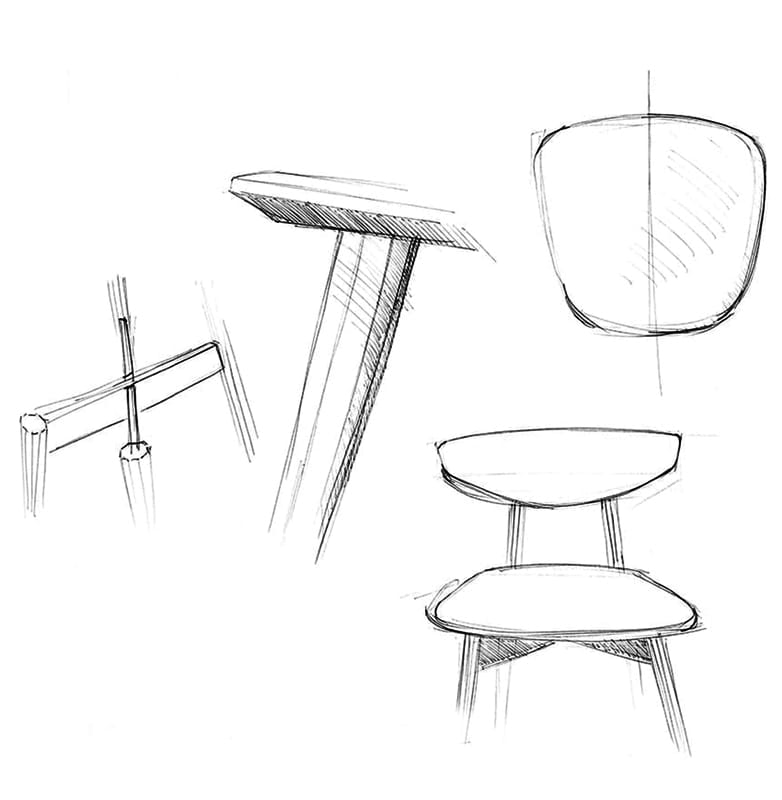 Sketch of Marlon Solid Wood Chair, featuring a wide backrest in a modern dynamic shape and a crossed leg frame