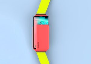 Nest of Galaxy carrying strap and case in simple and geometric shape for transporting Samsung smartphones with mint green backbround