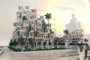 Visualization of the South Beach Lodge hotel complex on Miami beach with palms and individual cabins stacked high on a loose base structure