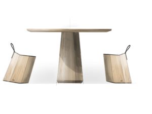 Sketch of two 8 Stools on a table with octagonal base with sloping handle and surface for tilting made of light wood covered with felt surface and handle and dark base