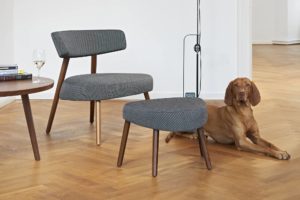 Marlon Lounge Chair with wide back and seat cushions in modern dynamic shape covered with grey fabric with dog in background