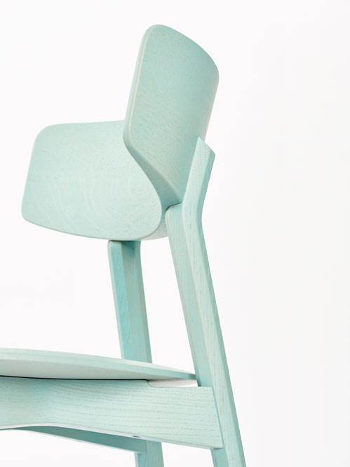 Marlon Solid Wood Chair with wide back in modern dynamic shape made of wood with light blue lacquer finish