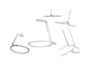 Sketch of Rocca stool with round seat cushion and curved tubular steel ring for rocking as a support leg with different variants of connection of stool leg and foot