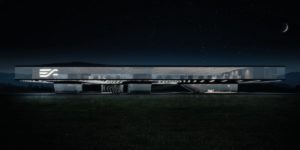 Eissmann Zentrale Visualisierung von modernem futuristischem Bürogebäude mit Glassäulen umgeben von Wasser bei Nacht mit angenehmer Lichtstimmung