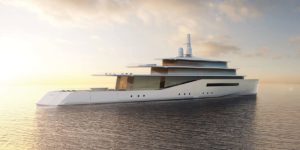 Yacht in modern minimalistic shapes with white front and dark details in the ocean