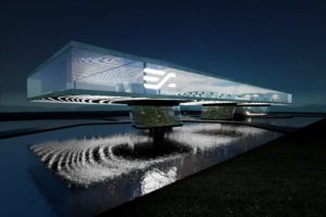 Eissmann headquarters visualization of modern futuristic office building with glass columns surrounded by water at night with pleasant lighting atmosphere
