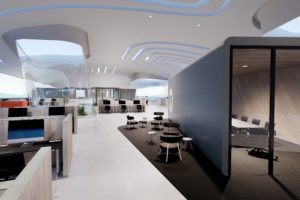 Eissmann central visualization of modern futuristic office with workstations, conference room and lounge area