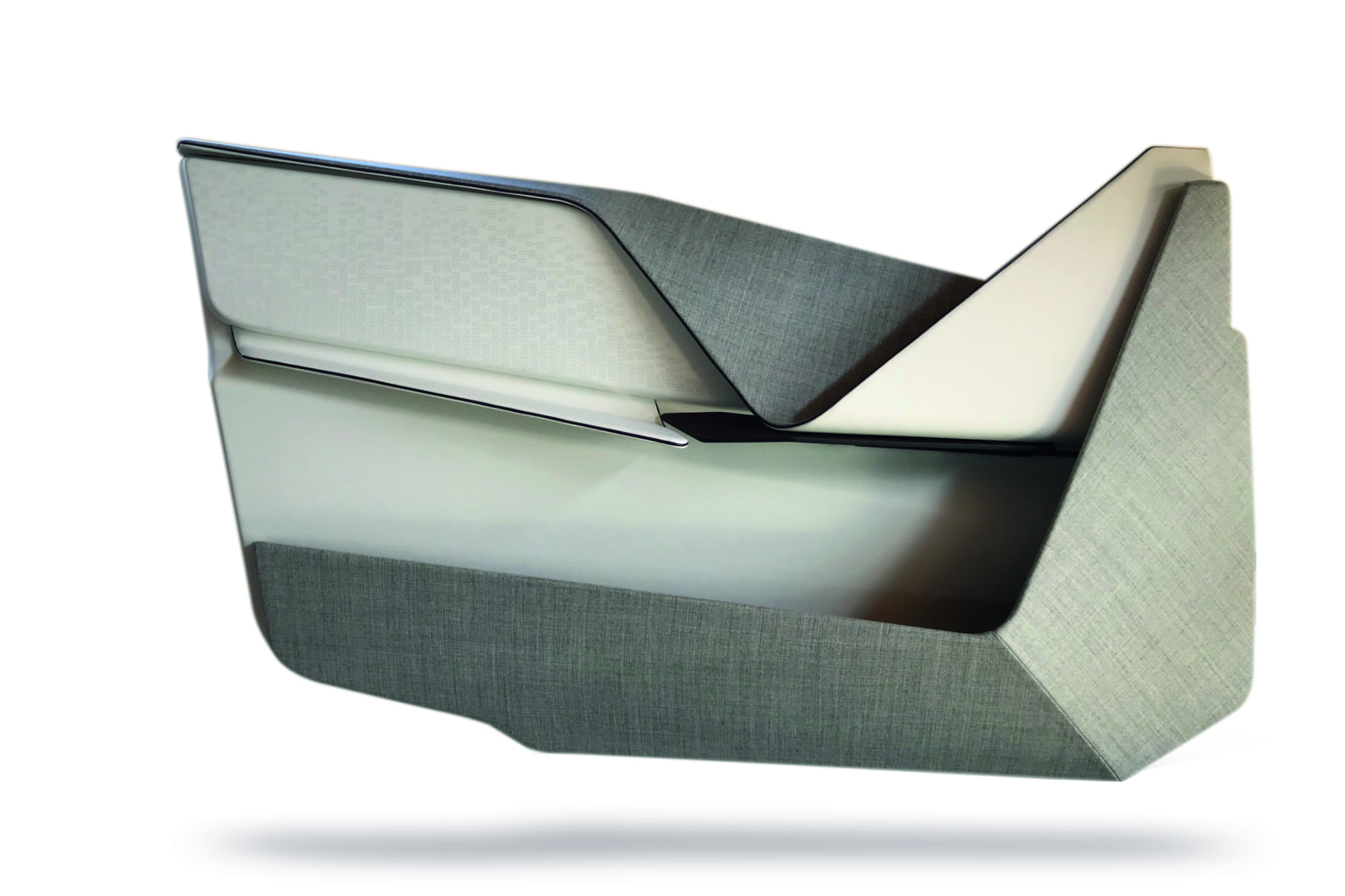 Car Interior Concept door panel in modern geometric folded shape with armrest and storage space covered with grey textured fabric