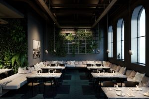 Interior design visualization of furnished restaurant in dark room with plant walls and pleasant lighting atmosphere