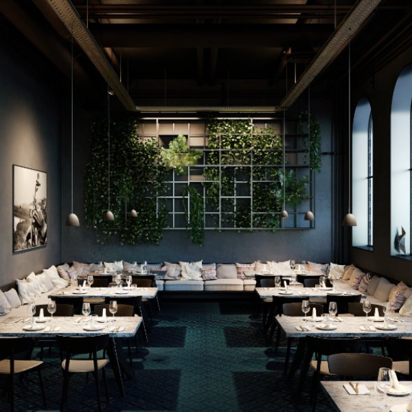 Interior design visualization of furnished restaurant in dark room with plant walls and pleasant lighting atmosphere