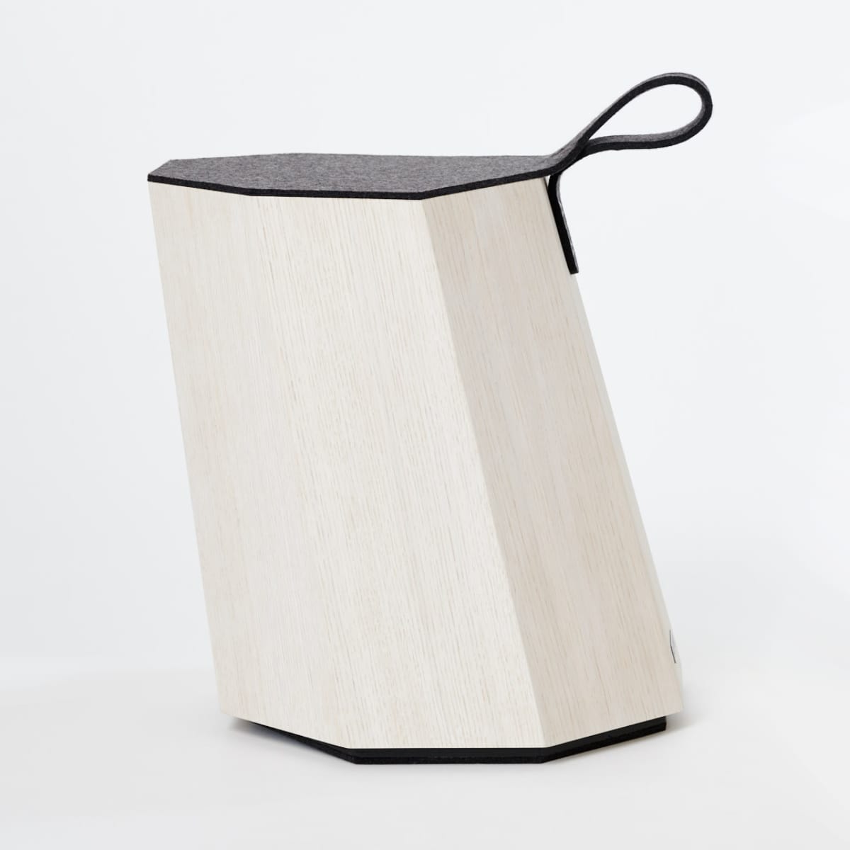 8 Stool with octagonal base shape oblique extruded made of light wood covered with felt surface and handle and dark base