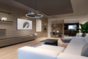 Apartment R1 Visualisierung von modern möbiliertem Wohnzimmer mit abgesetzter Decke mit indirekter Beleuchtung, Holzverkleidung an der Wand und großem Sofa und Sessel