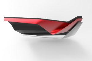 Car Interior Concept door panel in modern geometric folded shape in red black and white