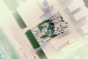 Visualization of the South Beach Lodge hotel complex on Miami beach with greenery in the courtyard and individual cabins stacked high on a loose base structure