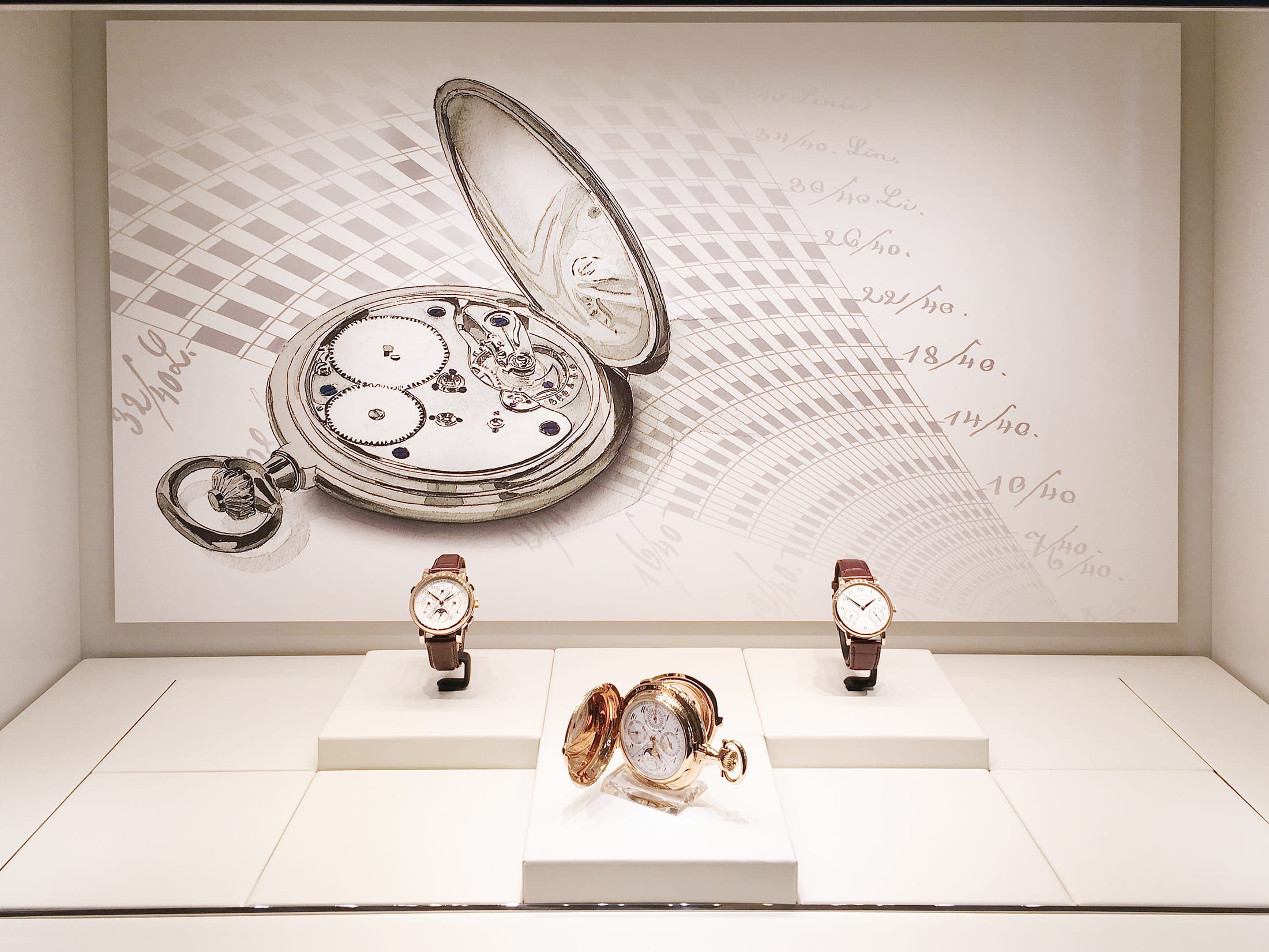 A. Lange und Söhne different watch models and pocket watch drawn in watercolor as background