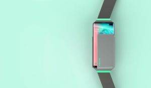 Nest of Galaxy carrying strap and case in simple and geometric shape for transporting Samsung smartphones with mint green background