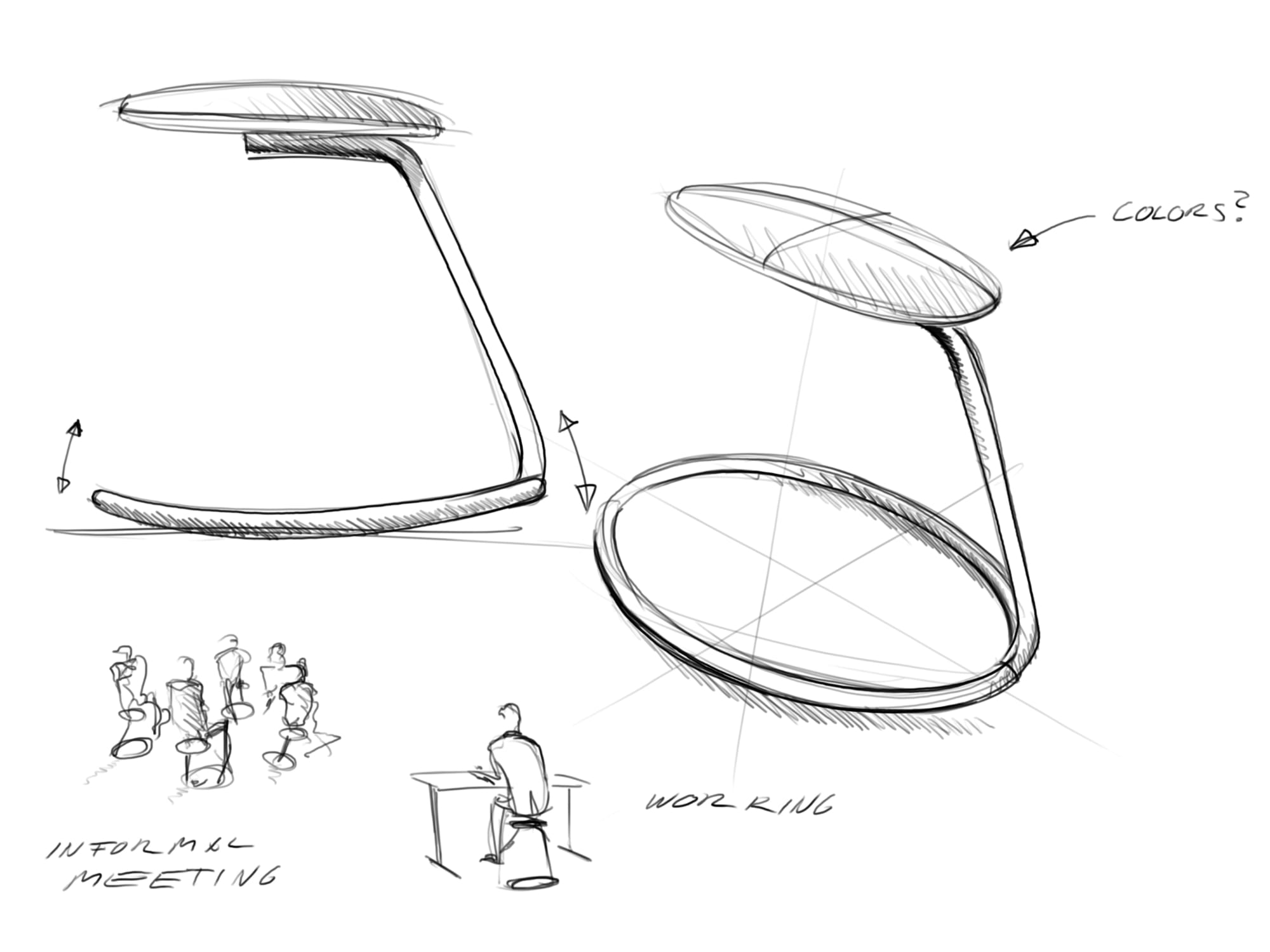 Sketch of Rocca stool with bent steel tube ring for ergonomic rocking that acts as a support leg and round seat cushion