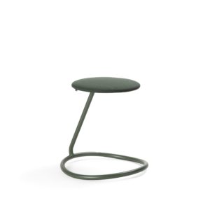 Rocca stool with bent steel tube ring for ergonomic rocking that acts as a support leg and seat cushion in dark green