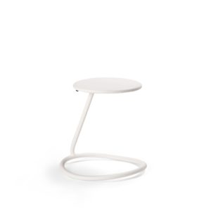 Rocca stool with bent steel tube ring for ergonomic rocking that acts as a support leg and seat cushion in white