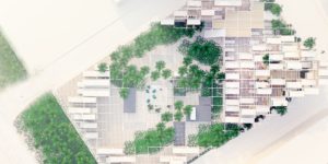 Visualization of the South Beach Lodge hotel complex on Miami beach with greenery in the courtyard and individual cabins stacked high on a loose base structure