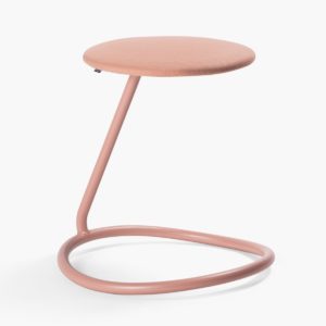 Rocca stool with bent steel tube ring for ergonomic rocking that acts as a support leg and seat cushion in light pink