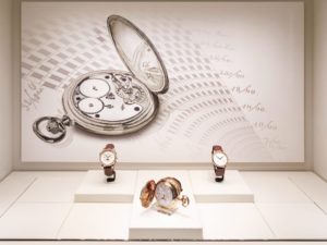 A. Lange und Söhne different watch models and pocket watch drawn in watercolor as background