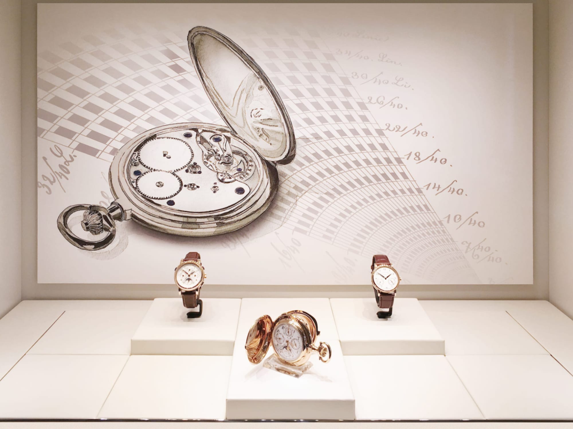 A. Lange und Söhne shop window with watch model in the center and bright plain background