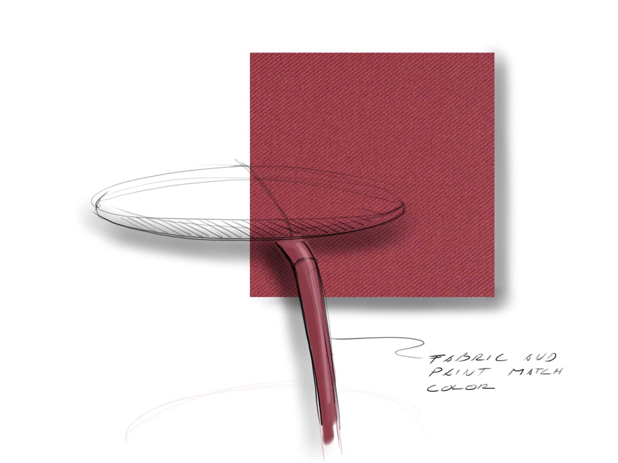 Sketch of Rocca stool with round seat cushion and bent steel tube support leg and dark red fabric sample in background