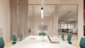 Pohlcon SystemPlus pendant luminaires with cooling fins hang from the ceiling in a bright conference room