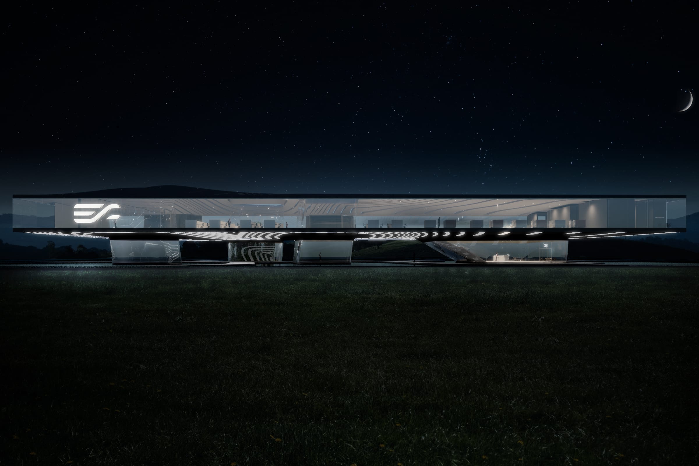 Eissmann headquarters visualization of modern futuristic office building with glass columns at night with pleasant lighting atmosphere