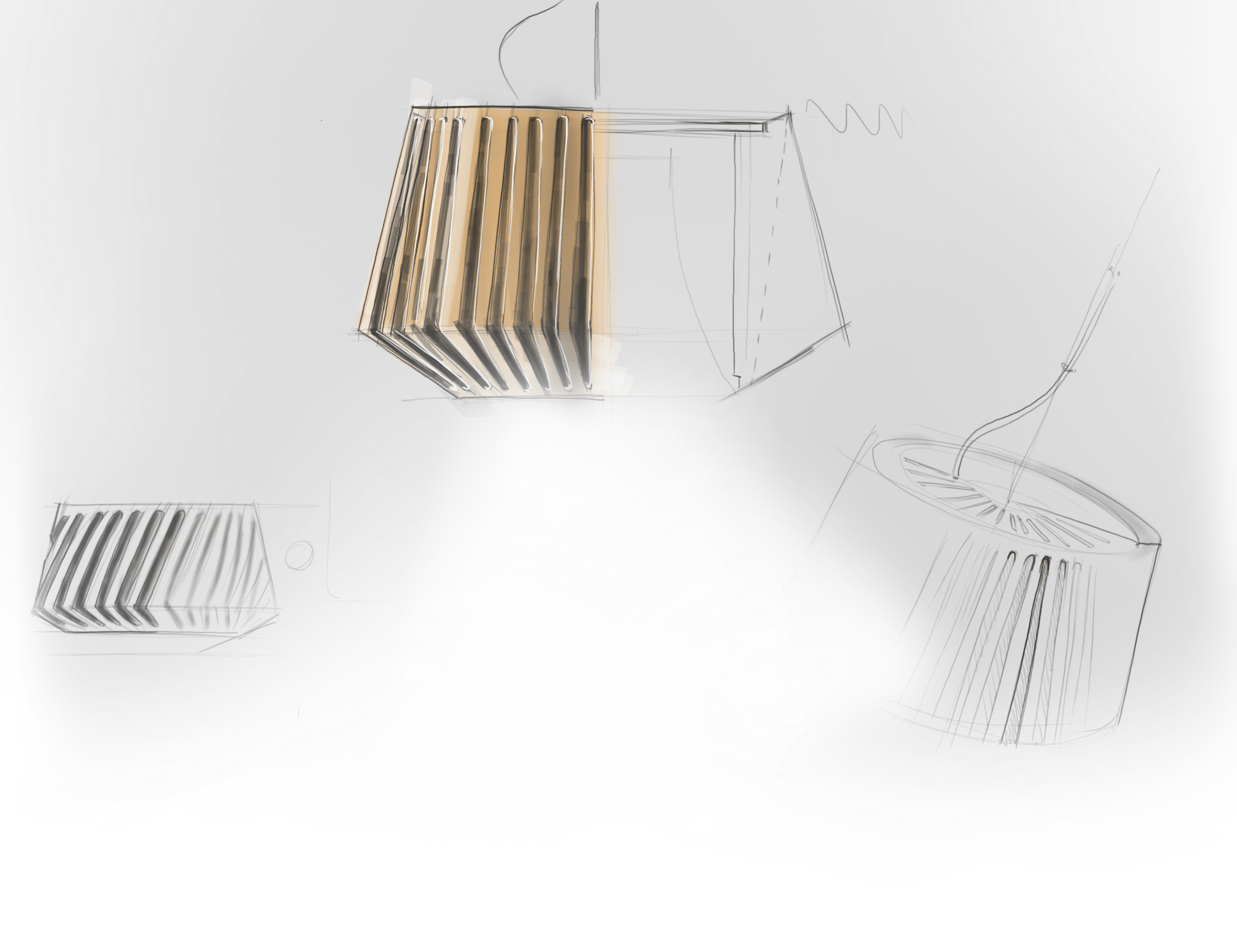 Sketch of the Pohlcon SystemPlus pendant lamp with lampshade made of cooling fins and technical cross section